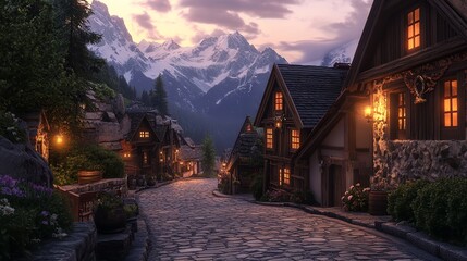 Charming Mountain Village Twilight Scenic Cozy Stone Street Houses Snowcapped Peaks Evening Illumination Picturesque Alpine Hamlet Tranquil Night     