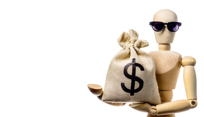 an artistic wooden mannequin is seen wearing sunglasses and holding a money bag, conveying themes of finance and wealth. The mannequin exudes a sense of mystery and intrigue