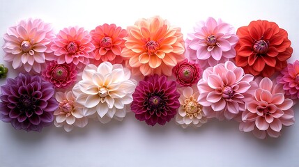 Beautiful Dahlias In A Row On White Background Photo