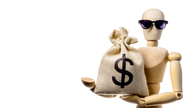 an artistic wooden mannequin is seen wearing sunglasses and holding a money bag, conveying themes of finance and wealth. The mannequin exudes a sense of mystery and intrigue