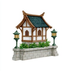 Charming East Asian Style House Illustration with Lanterns
