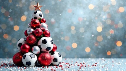 New Year tree made of soccer balls on a gray festive background