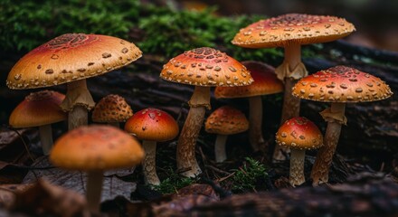 Obraz premium Forest Floor Fungi: A Cluster of Wild Mushrooms - Symbiotic growth, autumnal colors, forest ecosystem, natural beauty, vibrant fungi