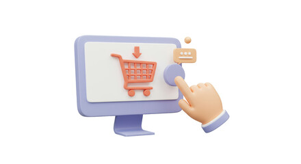Isolated 3D Render of Online Shopping Experience on a Computer Screen with Hand