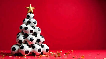 New Year tree made of soccer balls on a red festive background