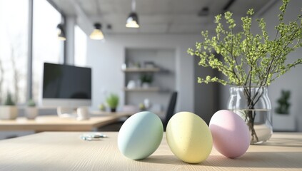 Three pastel Easter eggs on a wooden desk with a vase of spring branches in the background