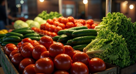 Fresh Farm Vegetables Display - A vibrant display of fresh farm vegetables, including tomatoes, cucumbers, and lettuce, at a market
