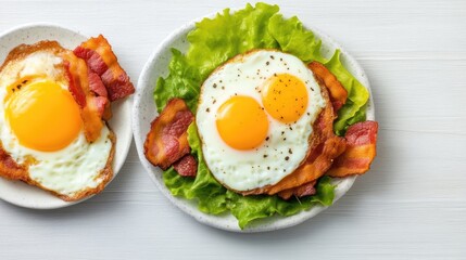 Two plates of fried eggs and bacon with lettuce.  Perfectly cooked eggs, crispy bacon, and fresh greens.  A classic breakfast dish