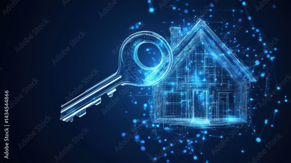 Poster digital key graphic with house concept illustrating security and technology integration