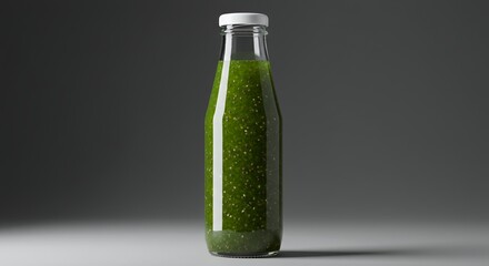 Fototapeta premium Green Chia Seed Drink in Glass Bottle Nutrient Rich Beverage for Ads and Promotion Against Gradient Gray Background