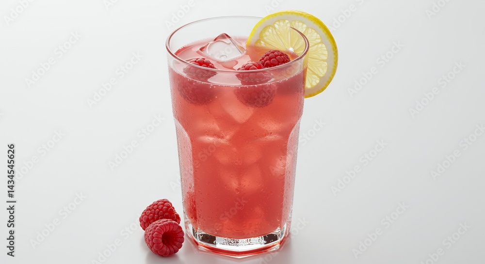 Poster iced raspberry lemonade drink with lemon slice in a transparent glass against white background for p