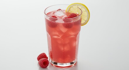 Iced Raspberry Lemonade Drink with Lemon Slice in a Transparent Glass Against White Background for Product Display Promotion