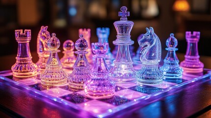 A vibrant, illuminated glass chess set glows with colorful lights.