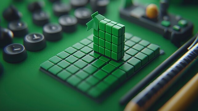 Green cubes stand on table, close-up and detailed