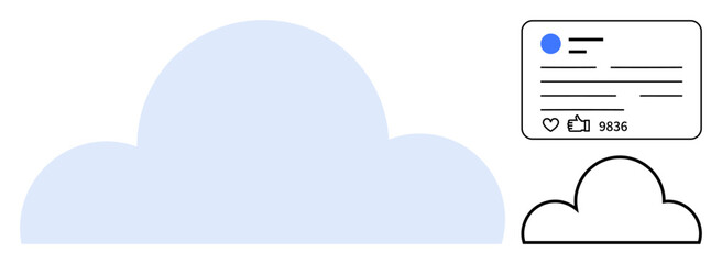 Large cloud shape with social media card showing thumbs ups and engagement. Ideal for technology, cloud computing, social networking, digital communication, online platforms, data sharing, simple