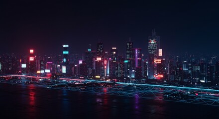 Fototapeta premium Futuristic City Nightscape - Vibrant cityscape at night, illuminated with neon lights and glowing network connections