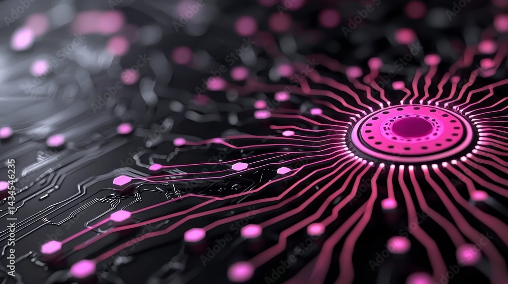 Aufkleber abstract close up of a circuit board with pink glowing lines emanating from a central circular compo