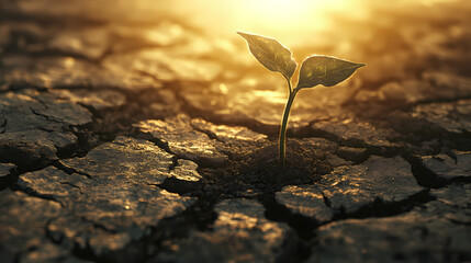 A single seed pushing through cracked, scorched earth towards a shaft of brilliant sunlight. Aurora Seed. Illustration