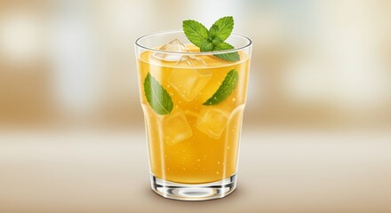 Mango Mojito with Ice Cubes and Mint Leaves for Refreshing Summer Drink Ads Promotion with Yellow and Green Color