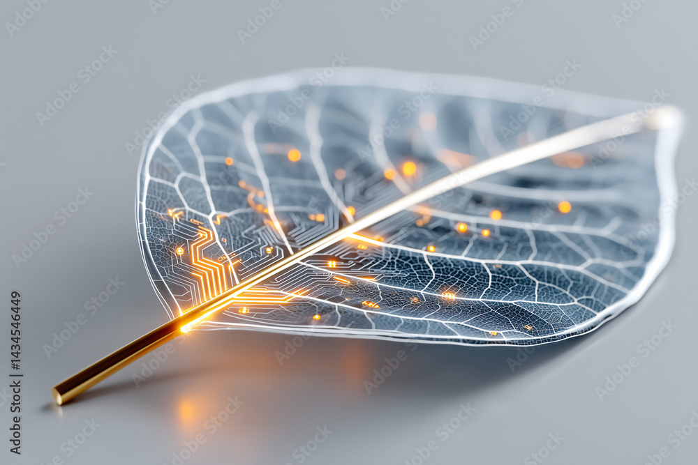 Poster bio-circuit leaf: a translucent leaf vein network illuminated with a golden circuit, representing th