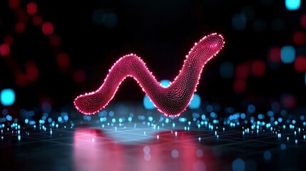 Fototapeta premium Abstract pink glowing particle wave form on dark background with bokeh lights and reflections. Digital art, futuristic design, technology concept. Intricate details and vibrant color.
