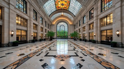 Obraz premium Grand Building Interior with Mosaic Tile Floor and Stained Glass Skylight