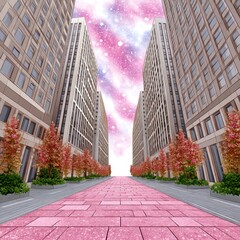 Fototapeta premium Pink pathway between tall buildings under a dreamy, pink and purple sky with falling snow. Pixel art style. Cityscape scene with autumnal trees.