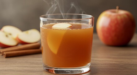 Realistic Cinnamon Apple Cider Display Steaming Hot Spiced Drink Garnished with Apple Slice on Wooden Table with Cinnamon Sticks and Apple Slices Against a Gray Background