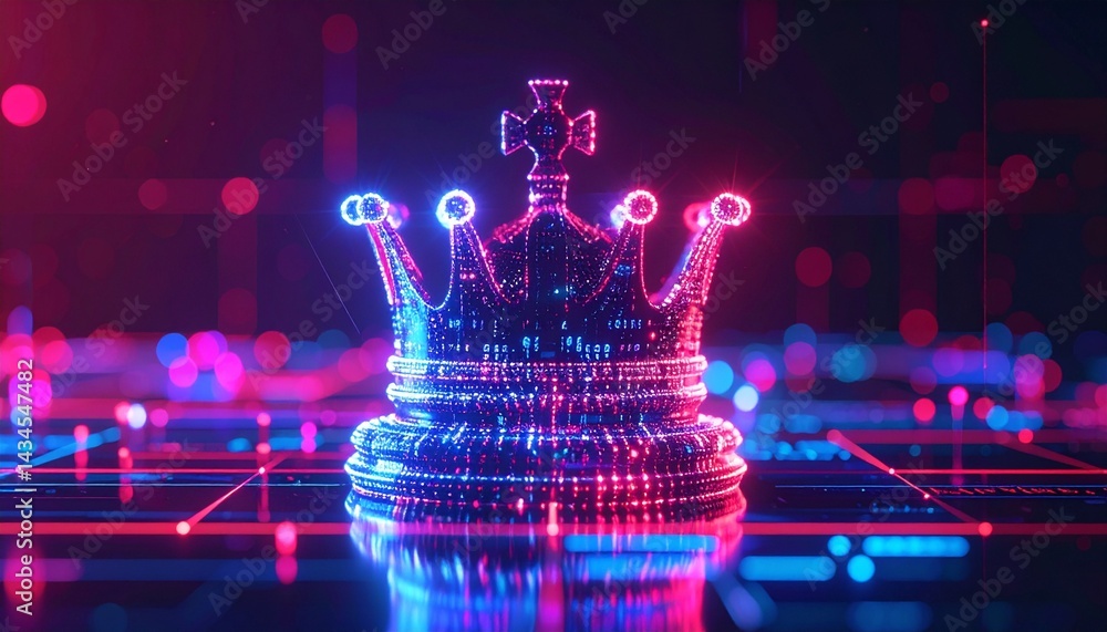 Poster a digital crown on a chessboard, blending technology and strategy. this image showcases a luminous c