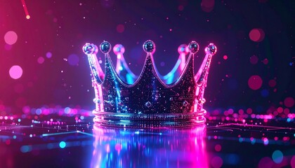 A close-up shot of a regal crown glistening, with vibrant hues of blue, purple, and pink, set against an abstract, futuristic background