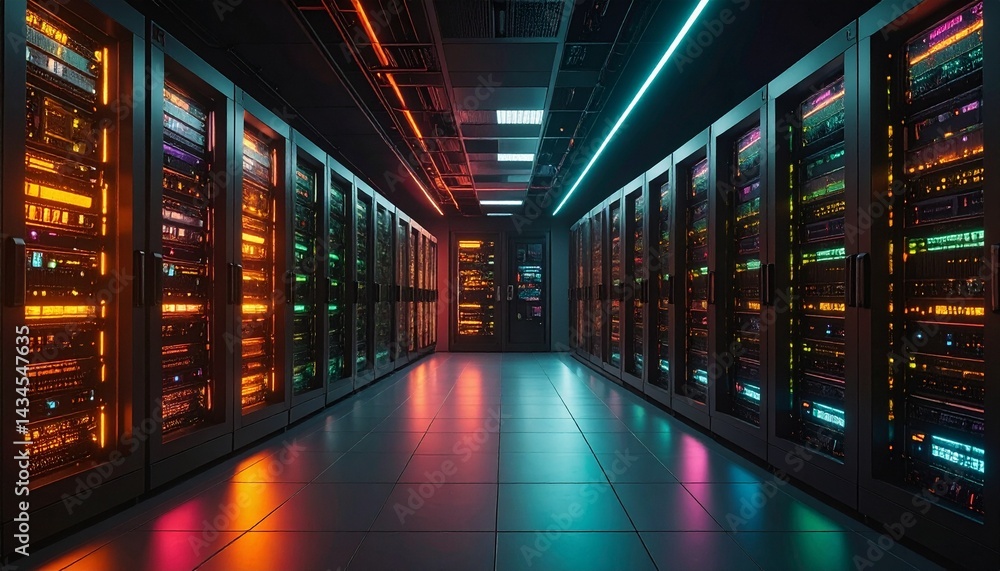 Poster a data center with servers, lights and neon reflection creating a futuristic, technological atmosphe