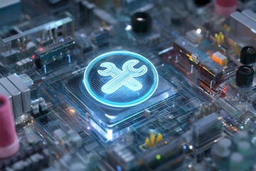Fototapeta na wymiar Repair Icon on Circuit Board Representing Technology Maintenance Services