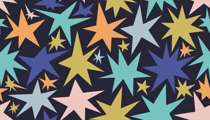 Mid Century style starburst seamless pattern. Cute funky stars infinity background.