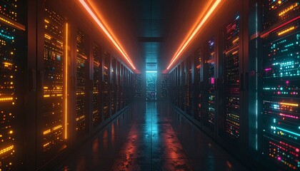 Obraz premium A futuristic data center with vibrant neon lights, showcasing server racks