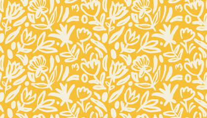 Fototapeta premium Floral hand drawn seamless pattern. Yellow and beige ink style textile design. Summer plants print. Flowers wallpaper, pattern, background. Nature gentle seamless pattern.
