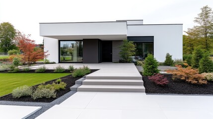 Modern, white house with a modern landscaping design.  Exterior of a contemporary home with a spacious entrance.  