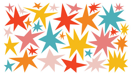 Cute colorful groovy star poster or collection of design elements. Set of sparkle shapes.