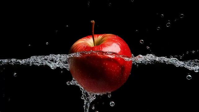 Red apple floating halfway in water on black background