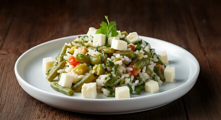 Colorful bai&atilde;o de dois with rice, green beans, diced coalho cheese, and herbs served on a white plate. The ingredients pop against the neutral background, conveying rustic and homemade flavor.
