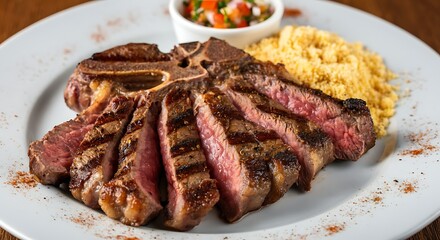 Grilled picanha perfectly cooked with juicy slices, served with golden farofa and colorful vinaigrette on a white plate. The white background enhances the meat's texture and the seasoning&rsquo;s shine.