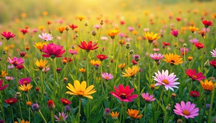 Dense field of wildflowers, vibrant repeating motif , design, texture, nature