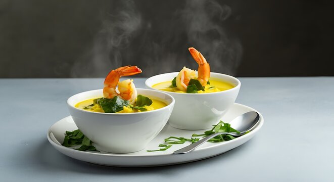 Tacac&aacute; served in white bowls with yellow broth, jambu leaves, and visible shrimp. The white background emphasizes the exotic look and steaming appearance of this Amazonian dish.