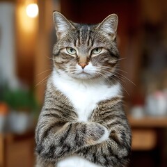Standing Cat with Crossed Arms Indoor Portrait Funny Animal Attitude