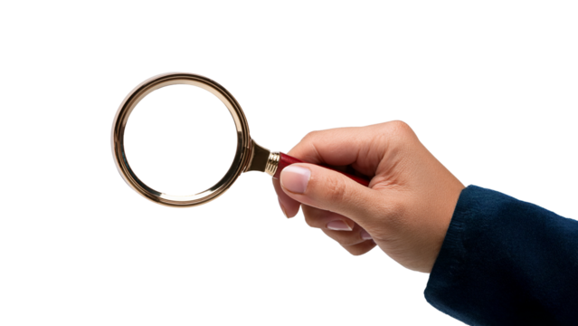 a woman's hand holding a magnifying glass. It's a close-up shot, focused on the hand and the magnifying glass. The background is white, making it ideal for editing and overlaying images.