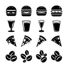 Set of burger pizza coffee beans and glass bundles