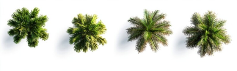 Fototapeta premium Four palm trees viewed from directly above, set against a white background