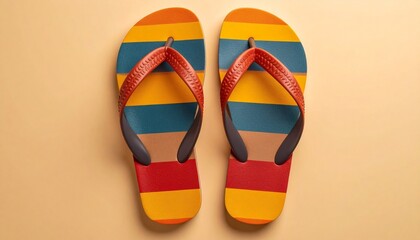 A pair of colorful flip-flops, perfect for summer fun and beach relaxation, resting on the ground. The vibrant stripes add a touch of style to these casual essentials