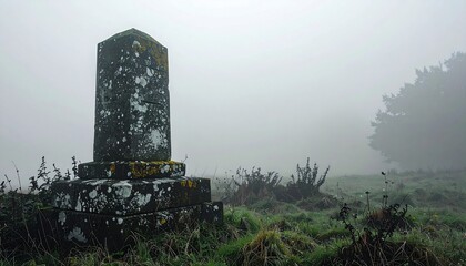 Old stone monument in an overgrown field enveloped in heavy fog