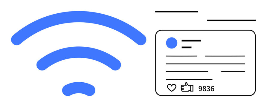 Blue wireless signal beside a social media card with thumbs ups and comments count. Ideal for connectivity, online interaction, networking, technology, digital marketing, internet culture, simple