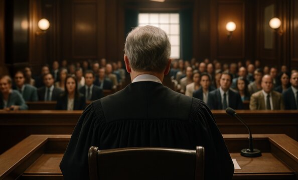A solemn court hearing in a grand courtroom, featuring a judge presiding over a packed audience, reflecting the gravity of legal proceedings.